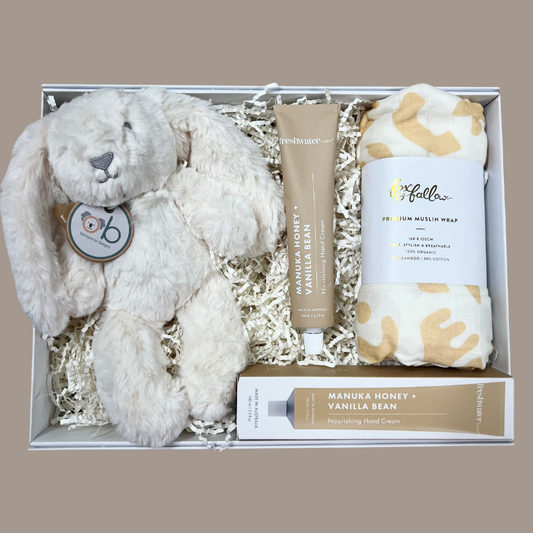 Snuggle Baby Gift Hamper ~ Plush toy, hand cream & organic muslin cloth