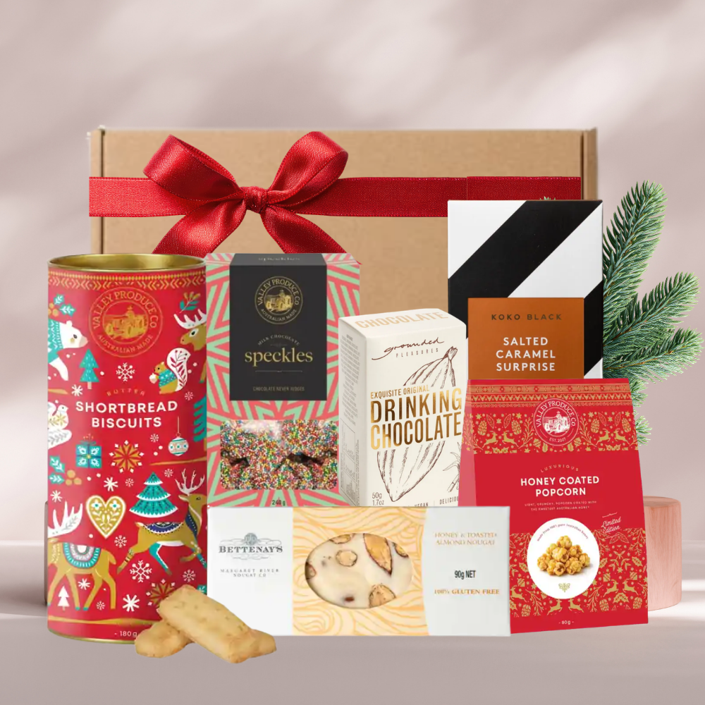 Sugarplum Treats Christmas gift box with Koko Black chocolate, nougat, shortbread tube, Speckles, popcorn and drinking chocolate