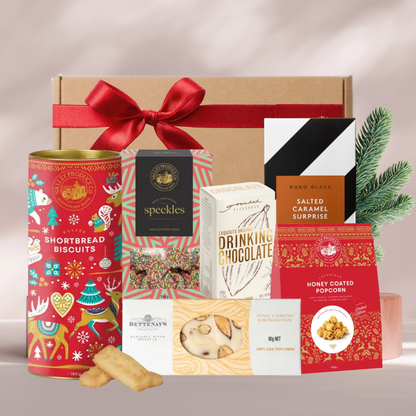 Sugarplum Treats Christmas gift box with Koko Black chocolate, nougat, shortbread tube, Speckles, popcorn and drinking chocolate