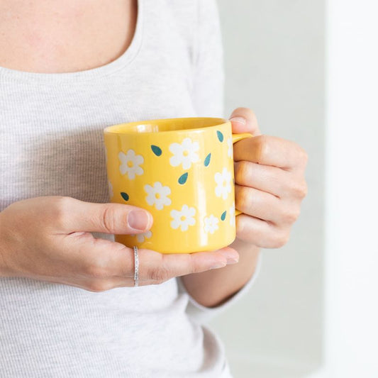 Yellow floral daisy mug — cute ceramic coffee cup, perfect teacher appreciation or birthday gift