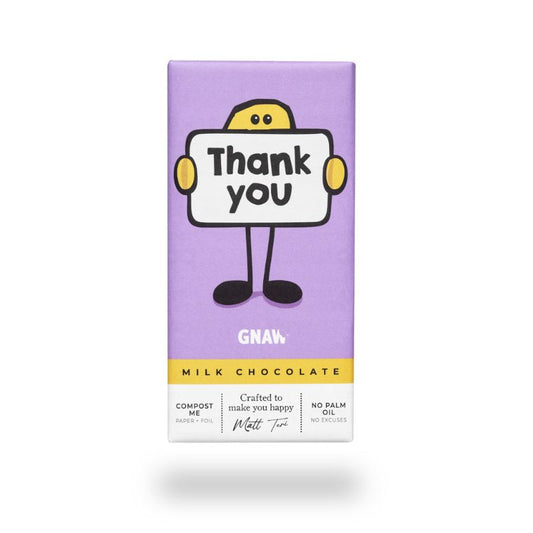 Gnaw Thank You milk chocolate bar with purple wrapper and cartoon character holding a thank you sign.
