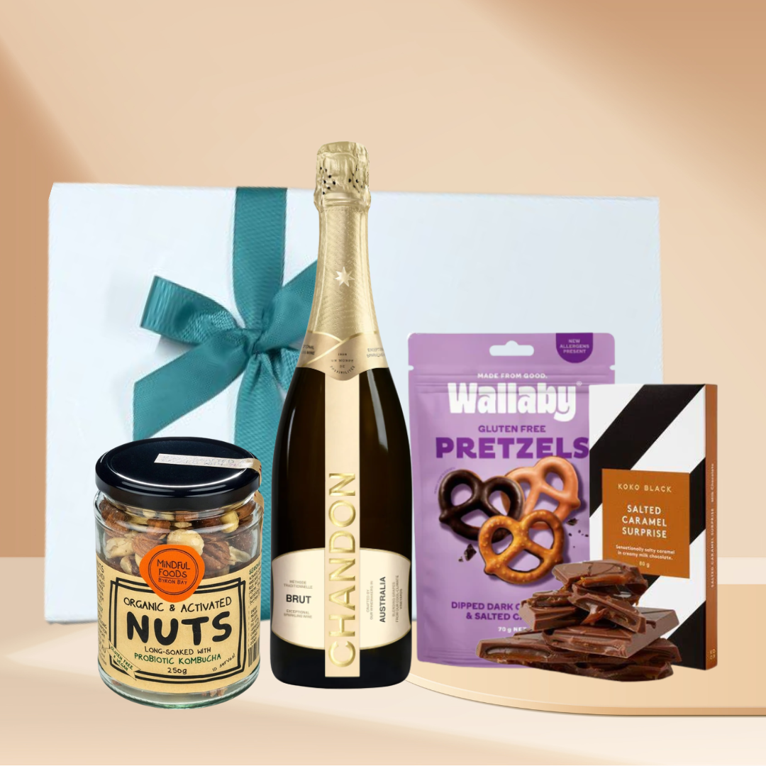 The Cheers Gift Hamper with Chandon Brut sparkling wine, salted caramel chocolate block, chocolate caramel mini pretzels and Mindful Foods organic mixed nuts