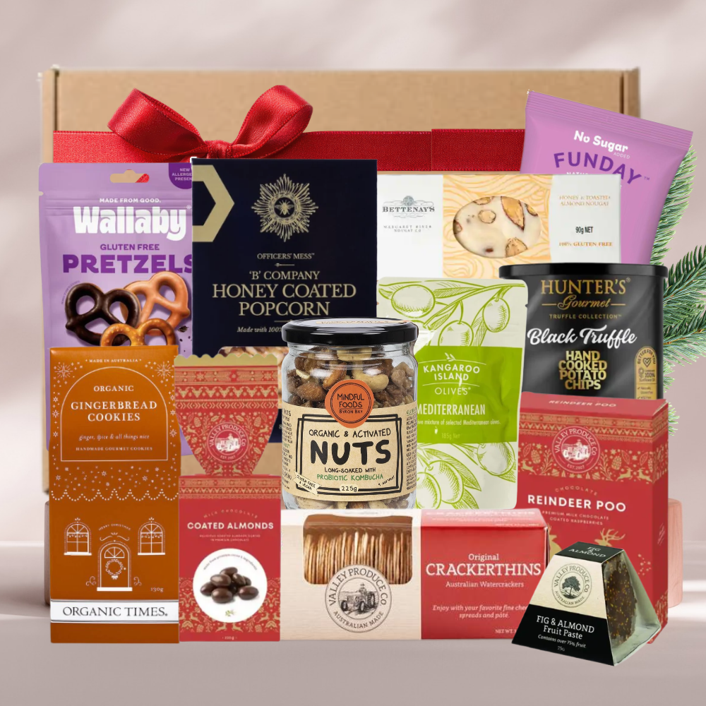 Office Party Christmas hamper with gingerbread cookies, honey popcorn, pretzels, organic nuts, Crackerthins, olives, nougat and lollies
