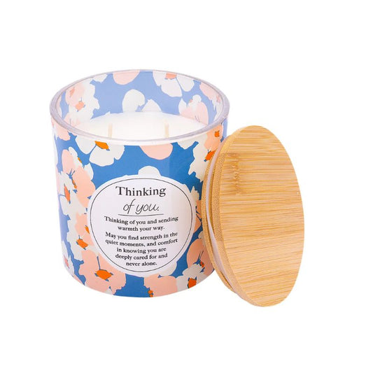 Thinking of You soy candle with floral blue and blush design, champagne scented, sympathy gift candle with comforting message