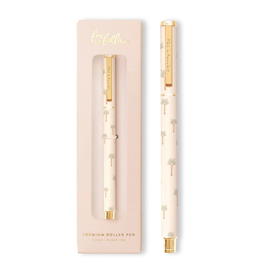 Boxed roller pen with tiny palm print design.