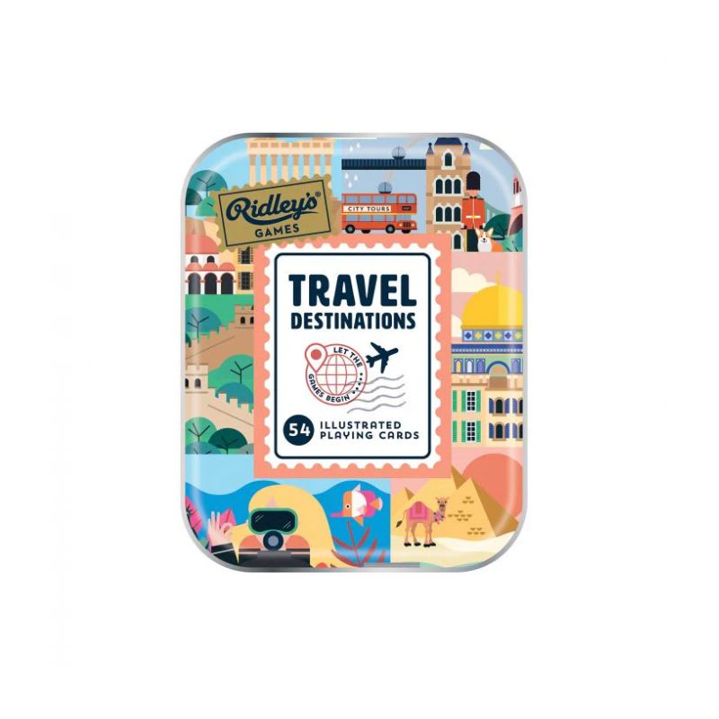 Ridley’s Games Travel Destinations illustrated playing cards tin featuring colorful artwork of world landmarks, including famous buildings and landscapes. 