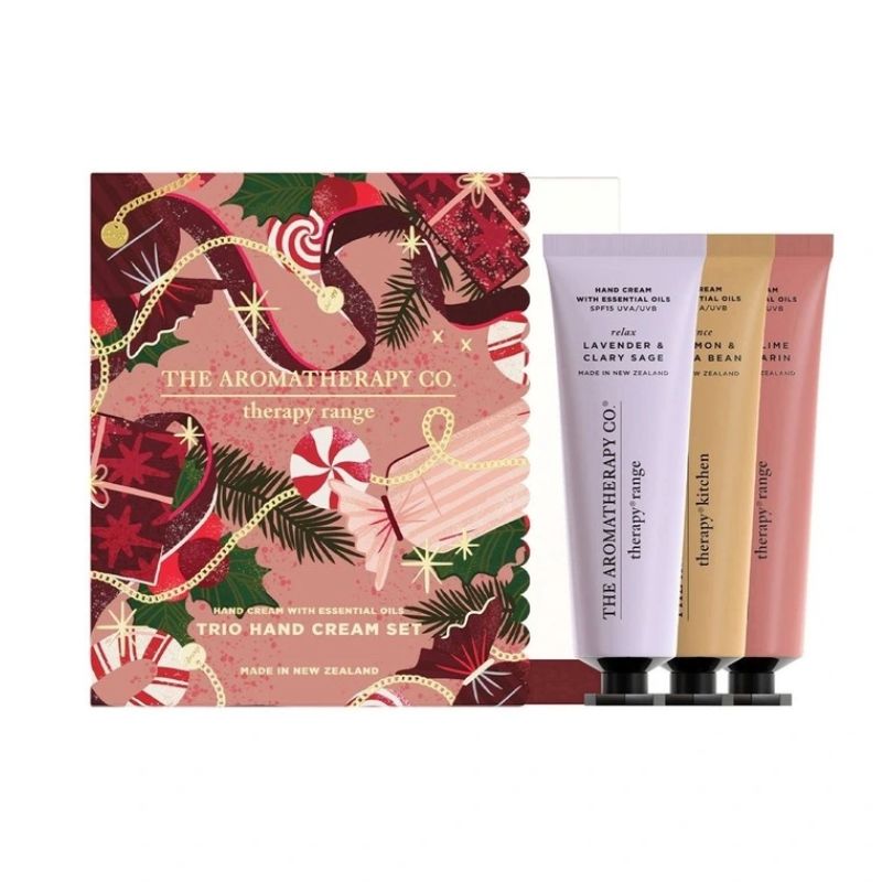 Gift set of three travel-size hand creams with festive packaging