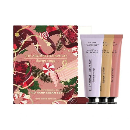 Gift set of three travel-size hand creams with festive packaging