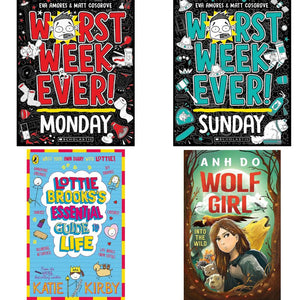 Kids book collection featuring Worst Week Ever Monday and Sunday covers