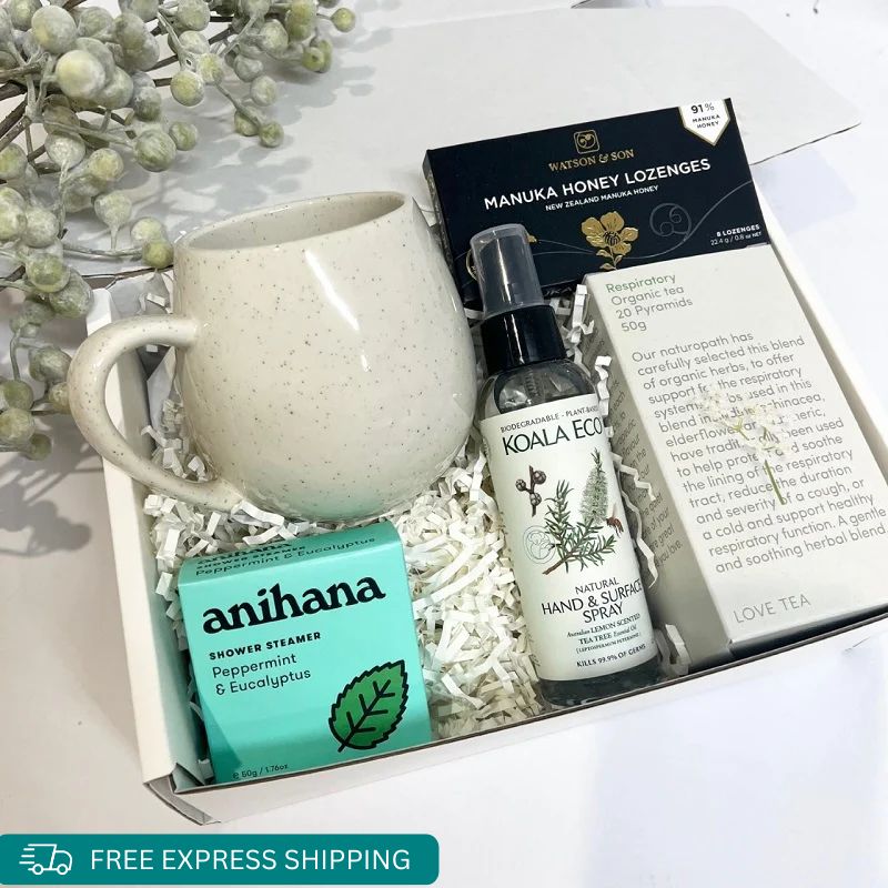 Feeling under the weather? A perfect all in one recovery kit. Manuka Honey Lozenges, respiratory tea, Mug, Shower steamer and Hand and surface Spray.
