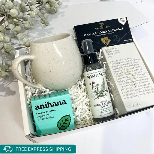 Feeling under the weather? A perfect all in one recovery kit. Manuka Honey Lozenges, respiratory tea, Mug, Shower steamer and Hand and surface Spray.