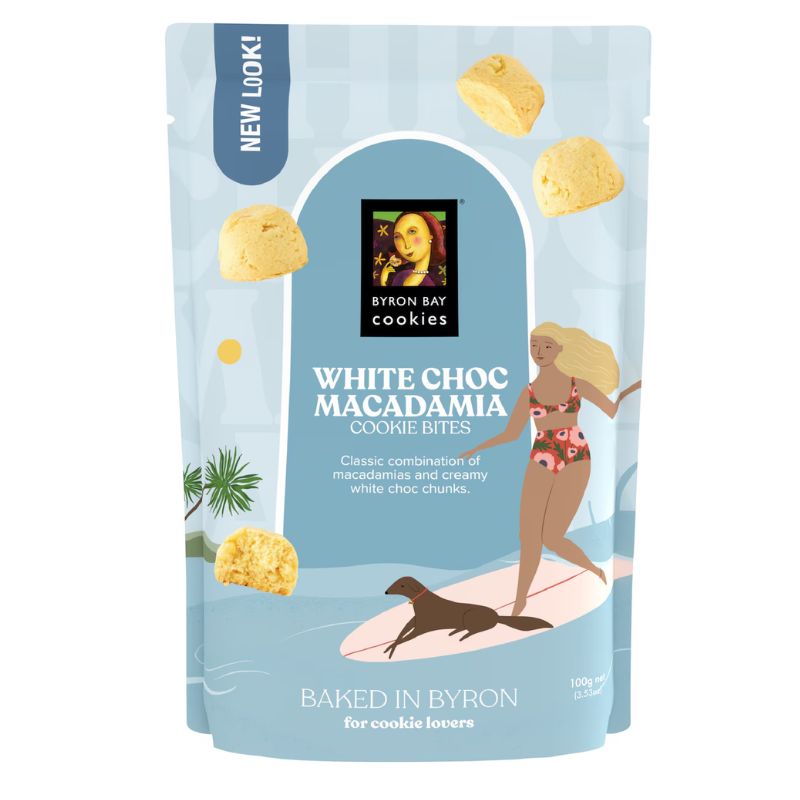 Byron Bay Cookies White Choc Macadamia 100g pouch – cookies with creamy white choc chunks and macadamias.