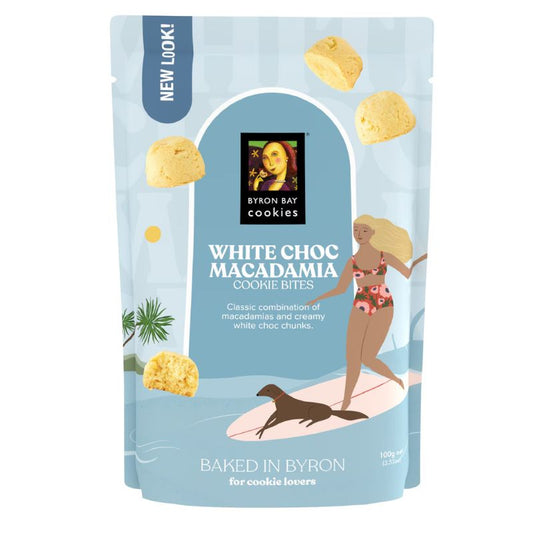 Byron Bay Cookies White Choc Macadamia 100g pouch – cookies with creamy white choc chunks and macadamias.