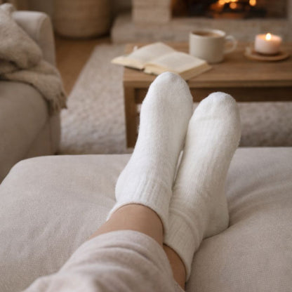 Ultra-soft white cloud socks designed for warmth, comfort and everyday lounging
