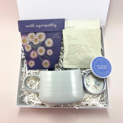 With Sympathy Gift Box containing Sow n Sow seeds, Ecology comfort mug, crystal and dried flower memory candle and Love Tea organic tea sachets