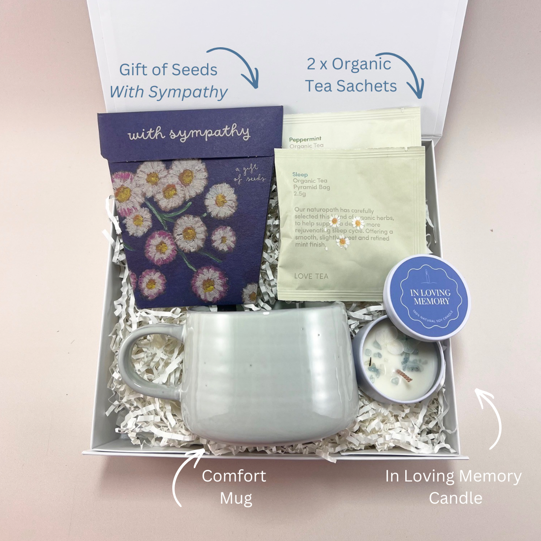 With Sympathy Gift Box containing Sow n Sow wildflower seeds, Ecology comfort mug, crystal and dried flower memory candle and Love Tea organic tea sachets. With Labels.
