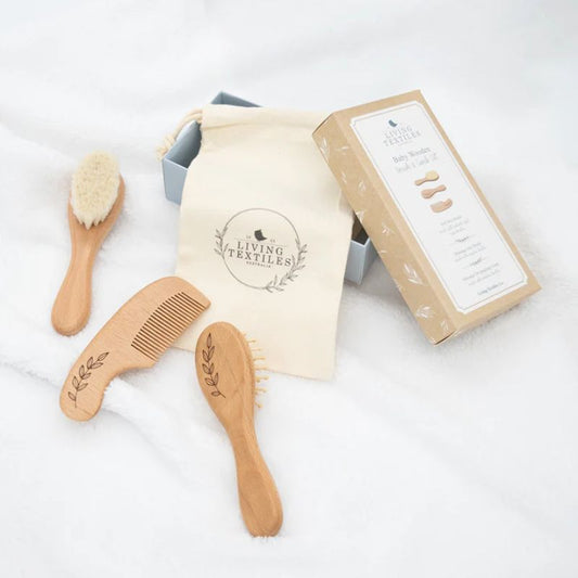 Natural wooden baby brush and comb set with soft goat hair bristles and gift packaging
