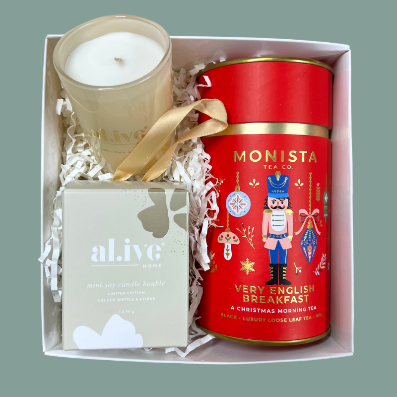 Christmas Morning Gift Hamper - English Breakfast Tea & Al.ive Home mini soy candle bauble