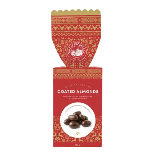 Valley Produce Co. milk chocolate coated almonds 220g in a red and gold Christmas bon bon gift box with a festive reindeer pattern
