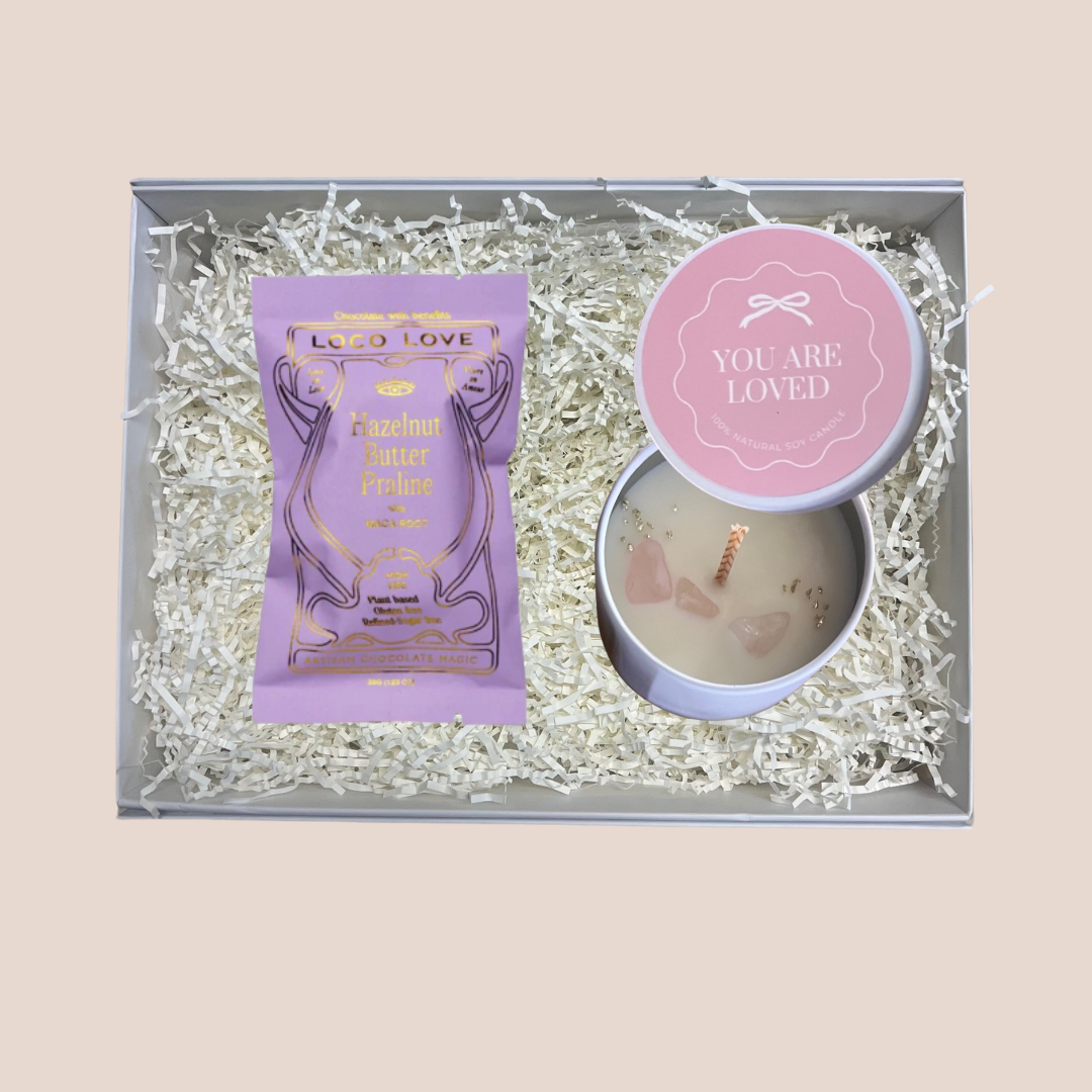 Love and Light Gift Box with You Are Loved passionfruit and lime scented candle topped with rose quartz crystal and Loco Love chocolate bar in a signature gift box