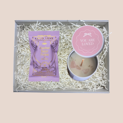 Love and Light Gift Box with You Are Loved passionfruit and lime scented candle topped with rose quartz crystal and Loco Love chocolate bar in a signature gift box