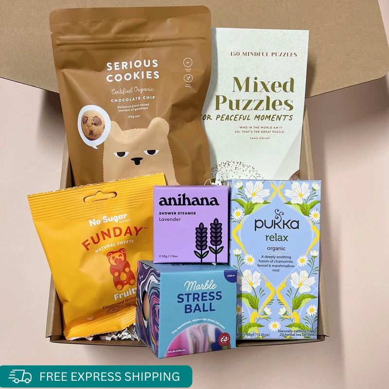 RUOK Day gift box. Mental health. puzzles for relaxation, vegan cookies and gummies, relax tea, stress ball, lavender shower steamer.