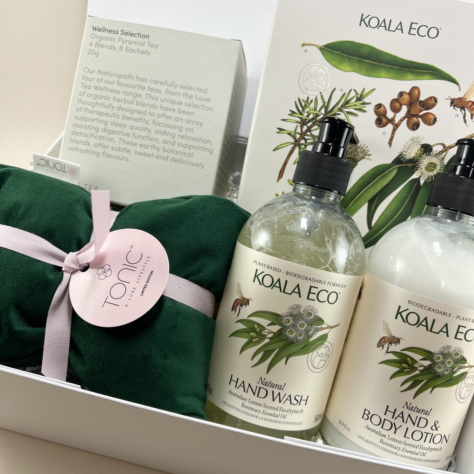 Australian-made comfort gift box with Koala Eco hand & body care, Love tea, and heat pillow.