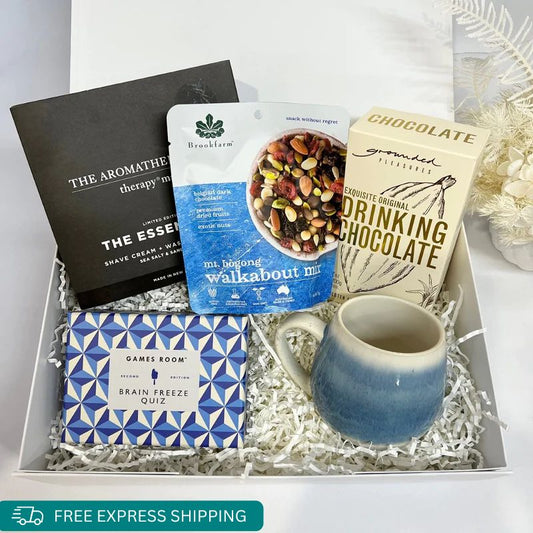 A perfect Gift for recovery or stuck in isolation, Includes a therapy man essentials set (or luxe hand cream set), Trail mix by Brookefarm, Delicious drinking chocolate, Robert Gordon Mug and Brain freeze the game to test your brain power!, All packaged in a gift box with your personalized gift card by Wishing You Well