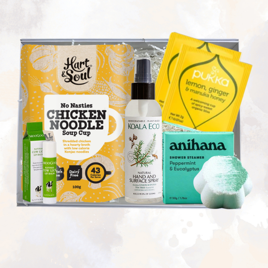 Chicken Soup for the Soul care package featuring Hart & Soul chicken noodle soup cup, Koala Eco and anihana wellness products, presented in a Wishing You Well gift box.