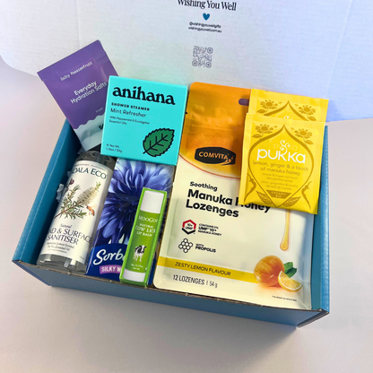 The Cold & Flu Gift Box with Anihana shower steamer, Comvita Manuka honey lozenges, Pukka lemon ginger tea, Sodii hydration salts, Koala Eco hand spray and MooGoo lip balm