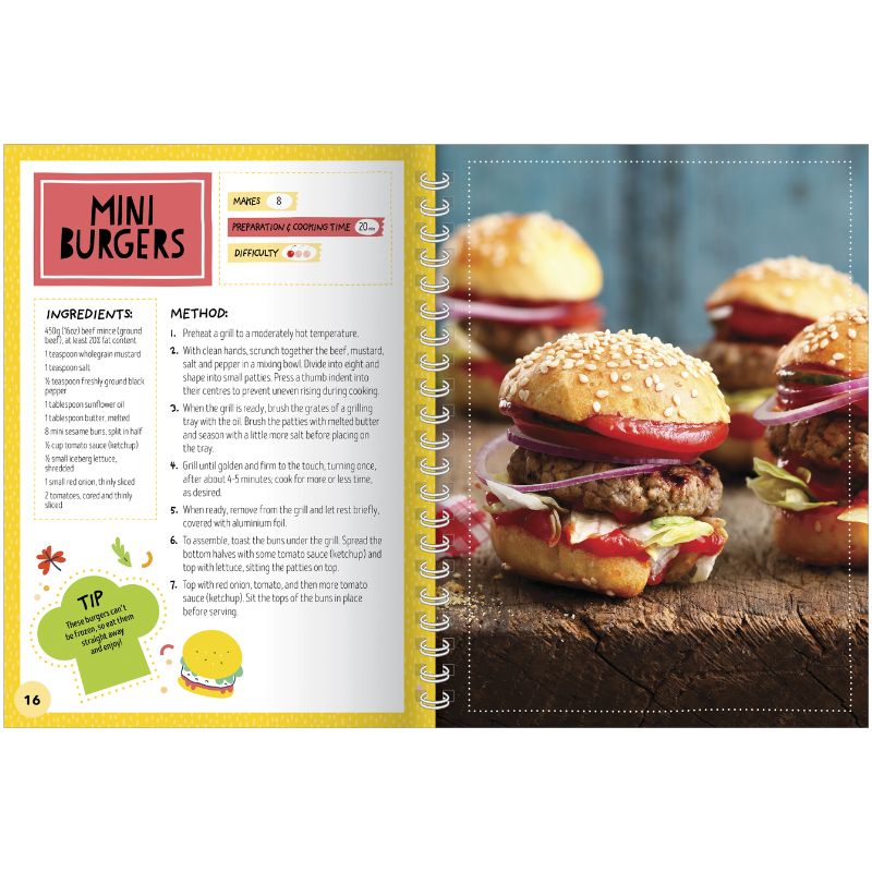Mini burgers recipe in a cookbook with ingredients and method listed.