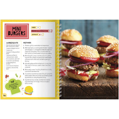 Mini burgers recipe in a cookbook with ingredients and method listed.