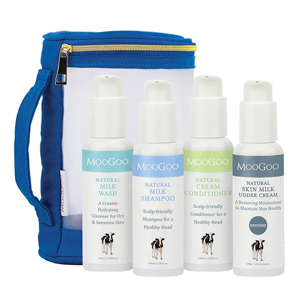 MOOGOO travel pack. 4 x 100ml bottles - Milk wash, milk shampoo, Cream conditioner, Skin milk udder cream