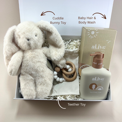 New Baby Joy Gift Box with Alimrose cuddly bunny soft toy, Alimrose teether toy and Al.ive Baby gentle hair and body wash in a white gift box