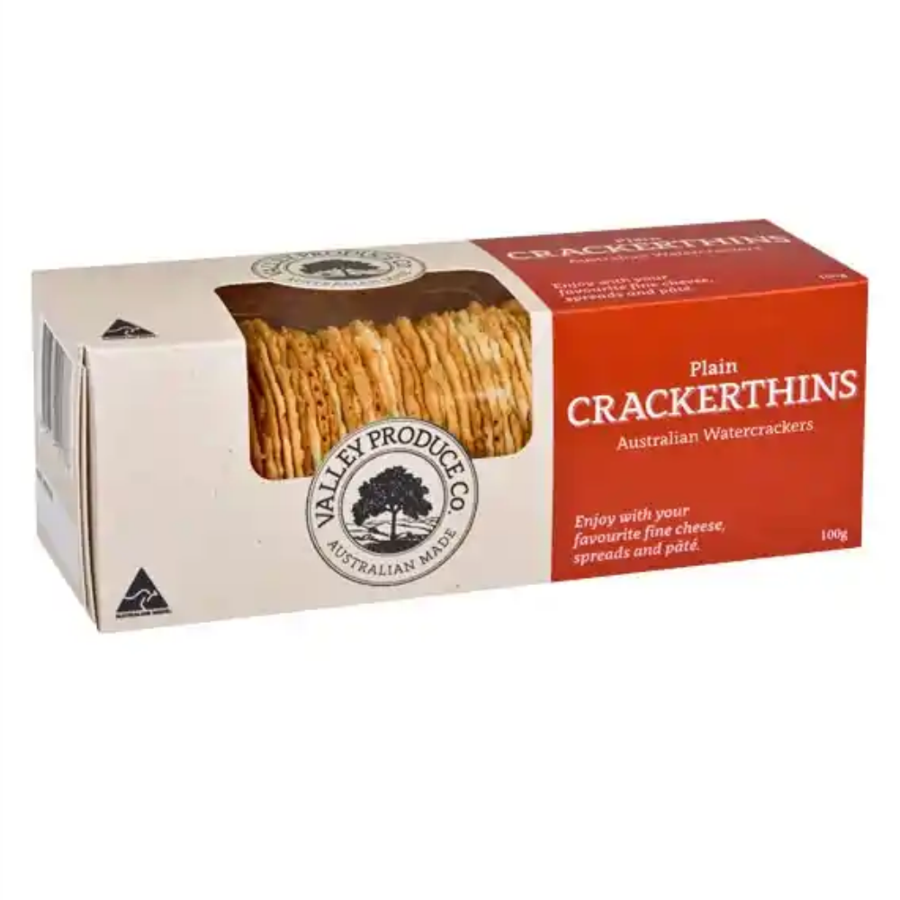 Box of Valley Produce Co Crackerthins Plain water crackers, 100g, with a window showing the thin crackers
