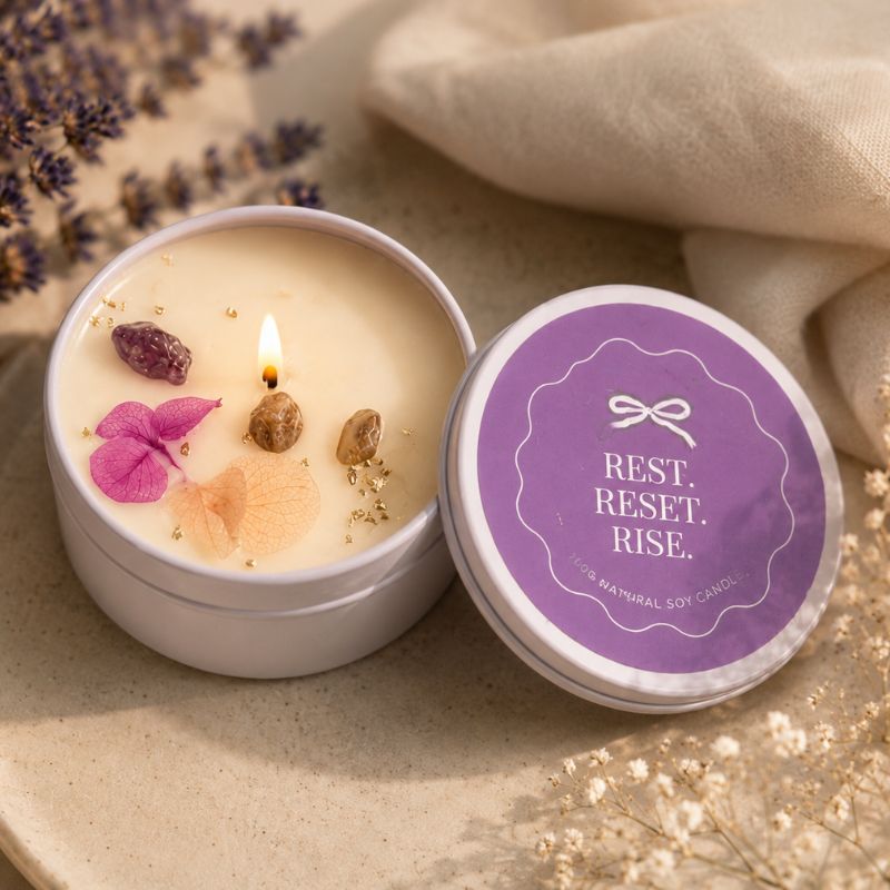 Hand-poured Rest. Reset. Rise. natural soy candle in a reusable tin, decorated with dried pink botanicals, crystal accents, and a calming lavender label.