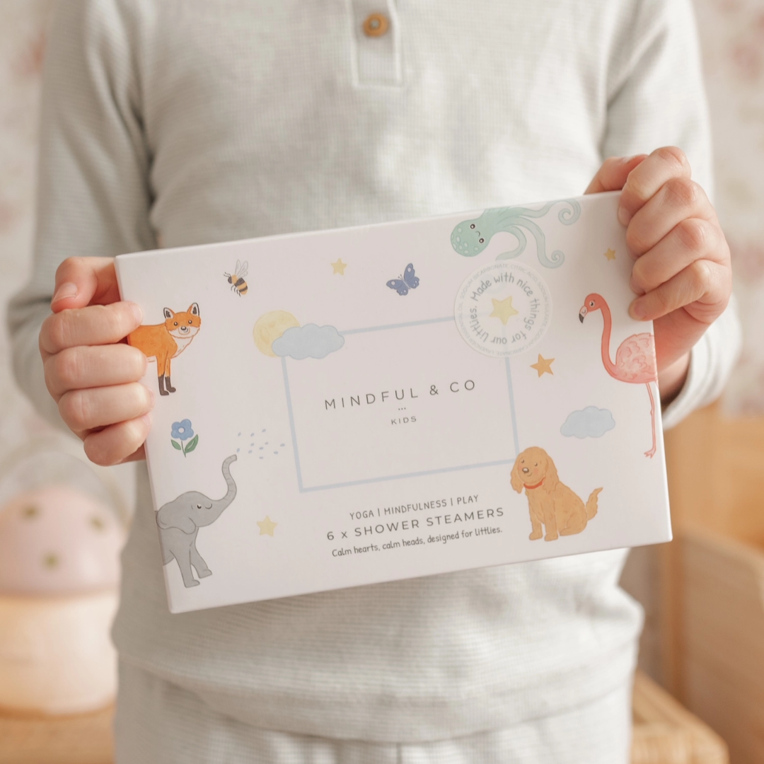 Mindful & Co Kids Lavender Shower Steamers — calming aromatherapy for children, promoting relaxation, stress relief, and sleep enhancement.