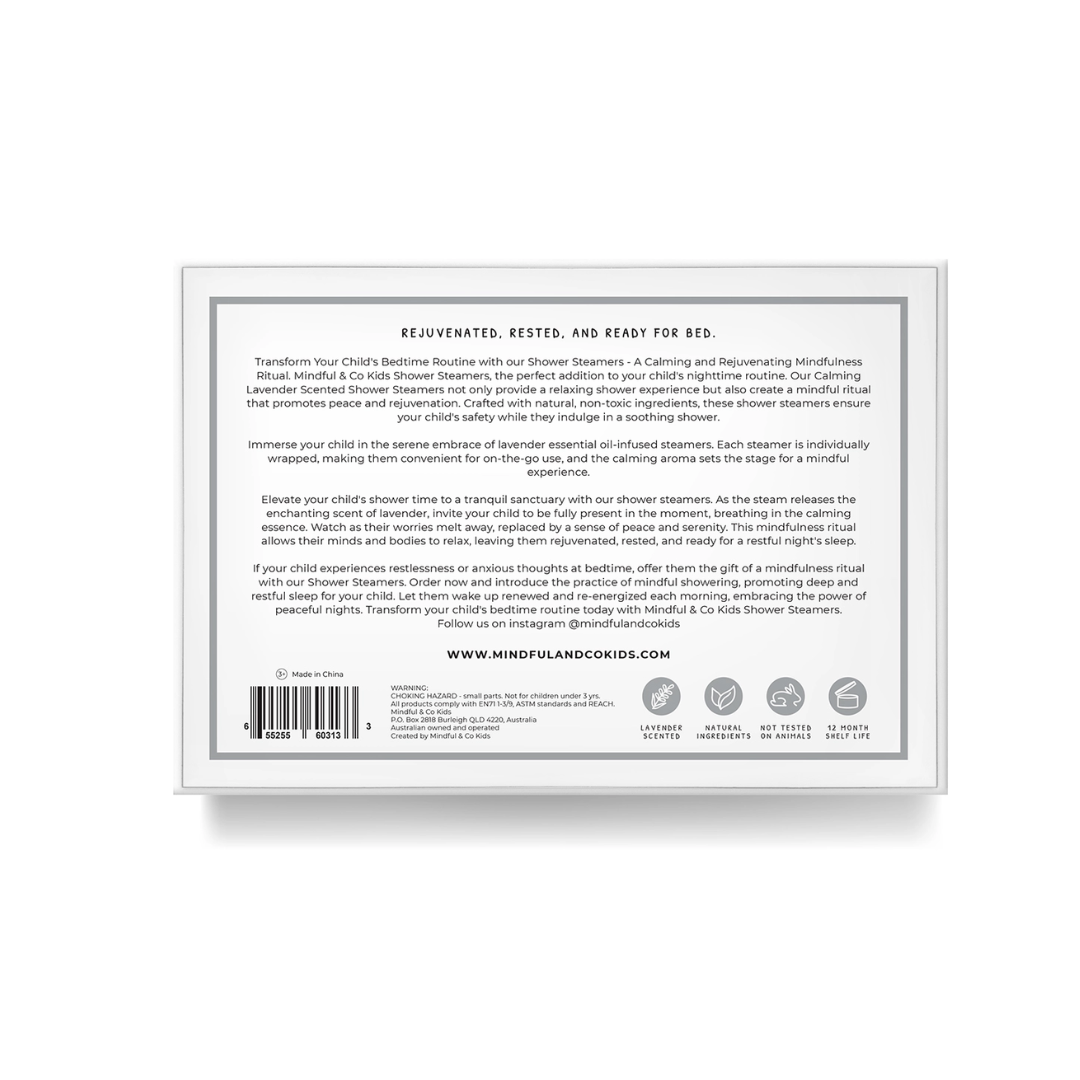 Mindful & Co Kids Lavender Shower Steamers — calming aromatherapy for children, promoting relaxation, stress relief, and sleep enhancement.