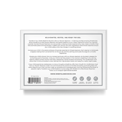 Mindful & Co Kids Lavender Shower Steamers — calming aromatherapy for children, promoting relaxation, stress relief, and sleep enhancement.