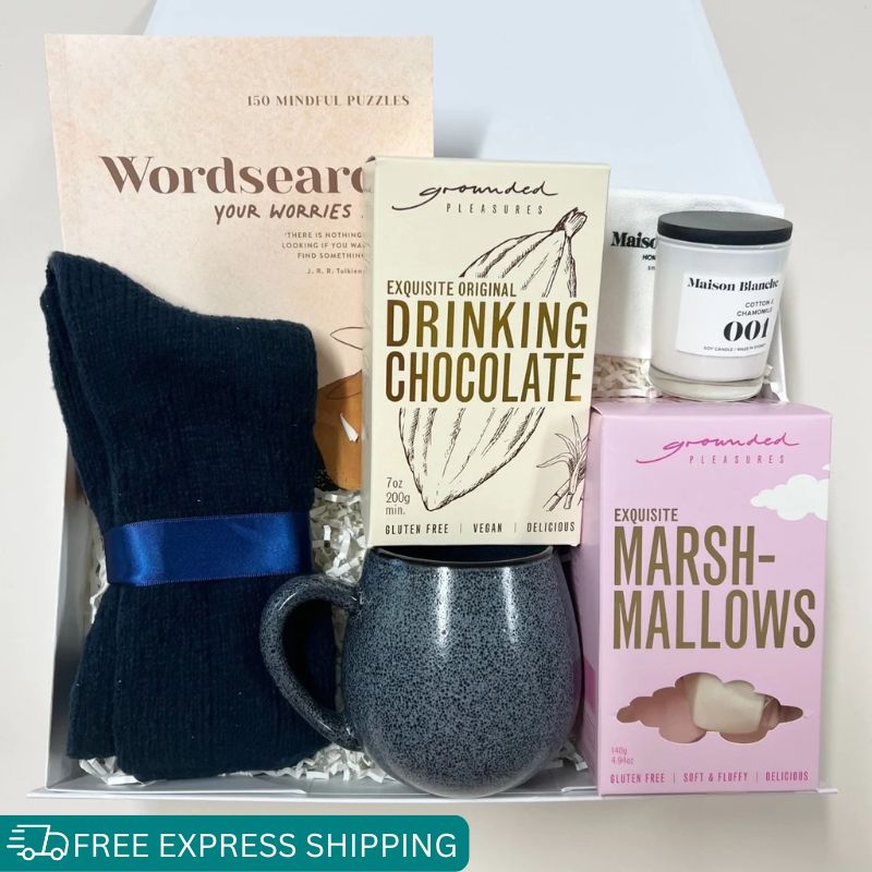 Virtual hug care package FOR HIM. warm socks, mug, drinking chocolate & marshmallows, mini candle and wordsearch.