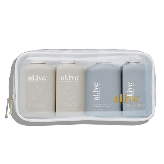Hair & body travel pack - Al.ive body. All encased in a practical travel case, this set of 4 products makes it easy to travel in style.